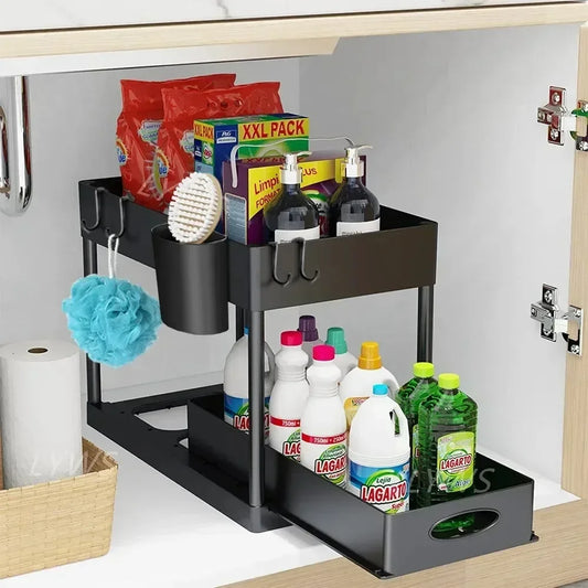 2 tier under sink organizer cabinet storage rack with hooks and sliding shelves